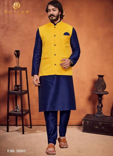 Yellow Colour Exclusive Art Silk Festive Wear Kurta Pajama With Jacket Mens Collection 30003